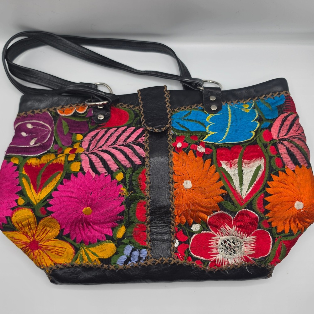 Floral Embroidered Black Leather Tote Bag Boho Artisanal Shoulder Bag